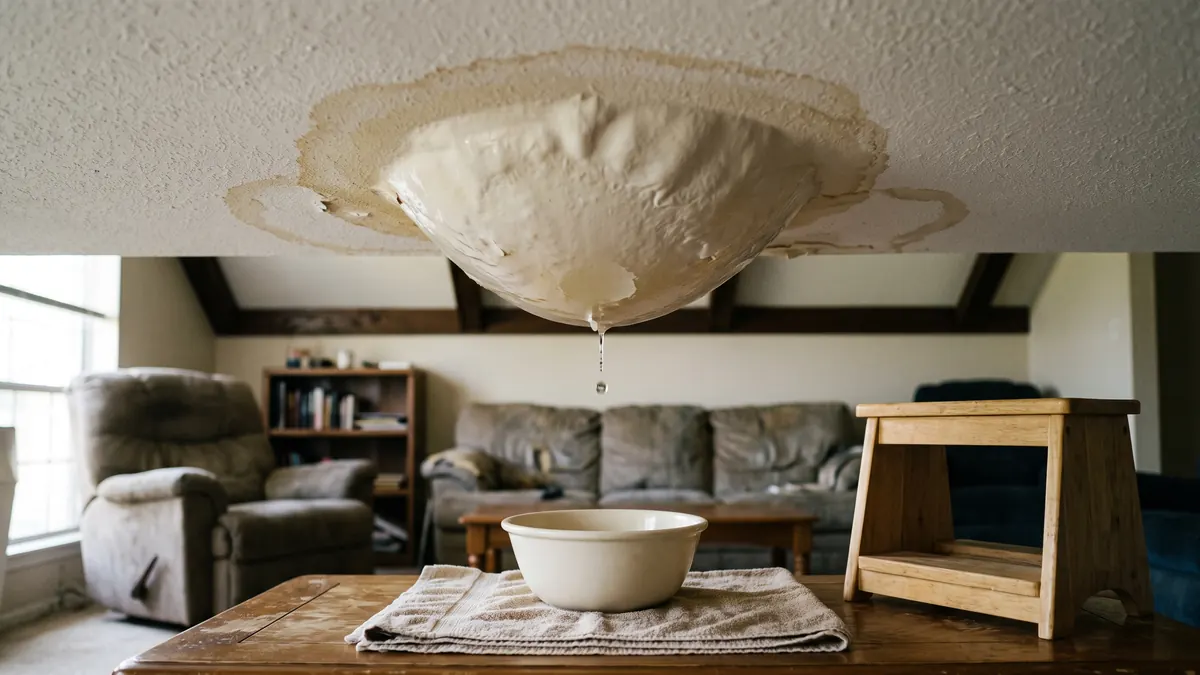 Paint blister sagging from a water-stained ceiling with a drip falling toward a bowl below