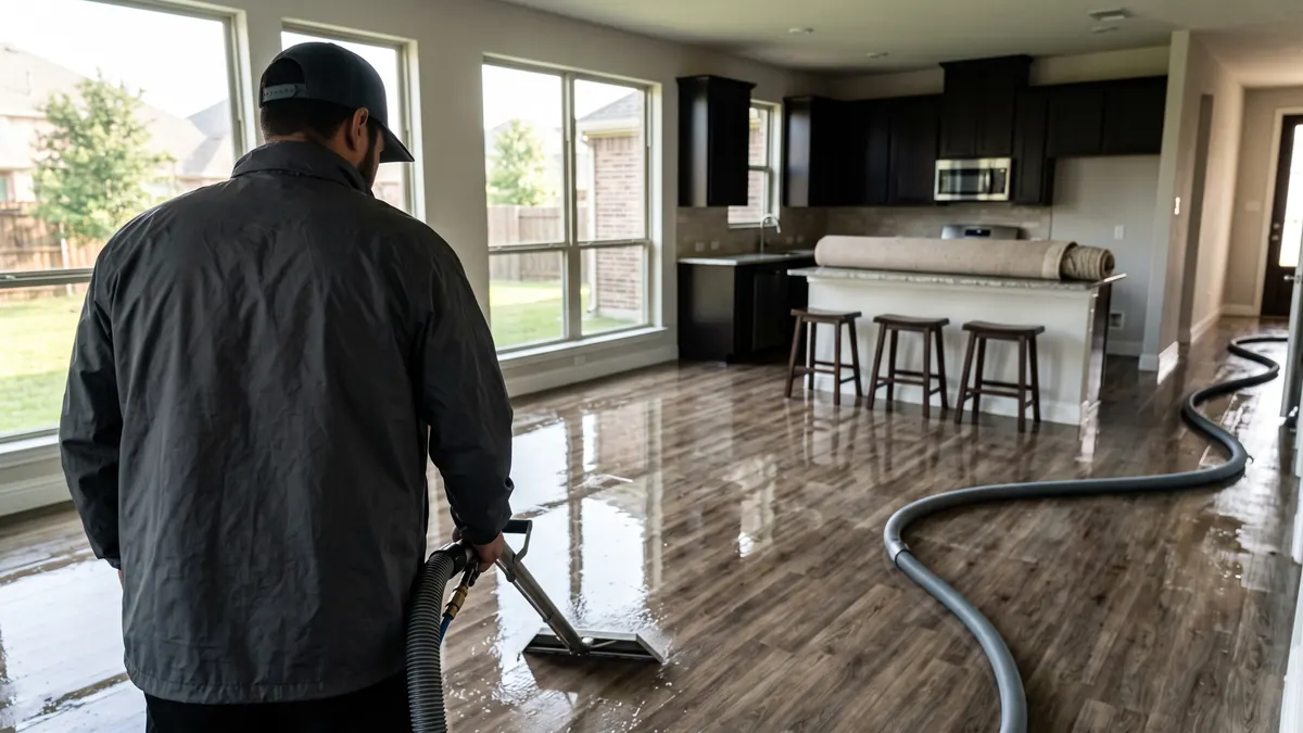 Technician pulling an extraction wand across a flooded open-plan floor in an Allen home