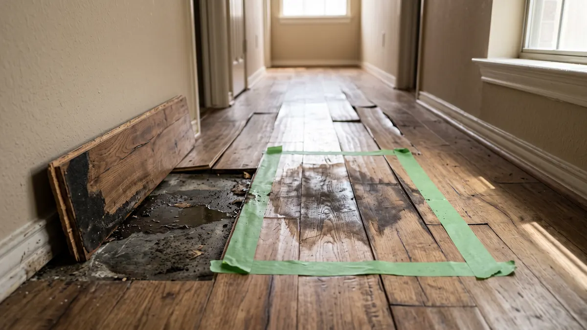 Engineered wood planks cupping over a damp slab in a hallway of a 2000s-built Allen home