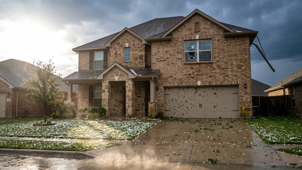 Hailstones covering a North Texas lawn beside a two-story brick home with a cracked window